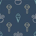 Set line Jellyfish, Lollipop and Ice cream in waffle cone on seamless pattern. Vector