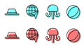 Set line Jellyfish, Man hat with ribbon, Globe with flying plane and Beach ball icon. Vector