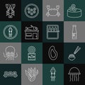 Set line Jellyfish, Sushi, Sauce bottle, Crab, Seafood store, Octopus on plate, Lobster and Canned icon. Vector
