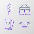 Set line Jester hat with bells, Playing card, Circus tent and Corn dog icon. Vector