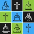 Set line Jesus Christ, Easter cake and candle and Christian cross icon. Vector