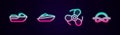 Set line Jet ski, Speedboat, Boat propeller and Nautical knots. Glowing neon icon. Vector