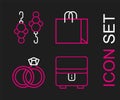 Set line Jewelry box, Wedding rings, Shopping bag jewelry and Earrings icon. Vector