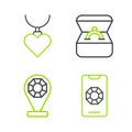 Set line Jewelry online shopping, store, Diamond engagement ring box and Necklace with heart shaped pendant icon. Vector Royalty Free Stock Photo
