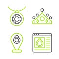 Set line Jewelry online shopping, store, King crown and Pendant necklace icon. Vector