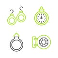 Set line Jewelry store, Diamond engagement ring, Pocket watch and Earrings icon. Vector