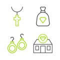 Set line Jewelry store, Earrings, Bag with gems and Christian cross on chain icon. Vector