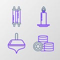 Set line Jewish coin, Hanukkah dreidel, Burning candle candlestick and Torah scroll icon. Vector