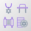 Set line Jewish coin, Torah scroll, Orthodox jewish hat and Star of David necklace on chain icon. Vector