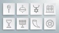 Set line Jewish goblet, Hanukkah dreidel, menorah, Traditional ram horn, shofar, coin, Star David necklace chain