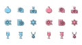 Set line Jewish goblet, Pomegranate, Star of David necklace on chain, coin, synagogue and icon. Vector