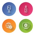 Set line Jewish goblet, wine bottle, World Globe and Israel and Star of David. Color circle button. Vector