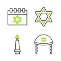 Set line Jewish kippah, Burning candle, Star of David and calendar icon. Vector Royalty Free Stock Photo