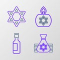 Set line Jewish money bag, wine bottle, Burning candle and Star of David icon. Vector