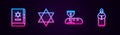 Set line Jewish torah book, Star of David, First communion symbols and Monk. Glowing neon icon. Vector