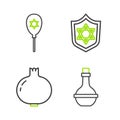 Set line Jewish wine bottle, Pomegranate, Shield with Star of David and Balloon star david icon. Vector