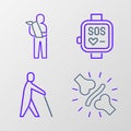 Set line Joint pain, knee pain, Blind human holding stick, Smart watch and Human broken arm icon. Vector Royalty Free Stock Photo