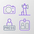 Set line Journalist id card, news, Antenna and Photo camera icon. Vector