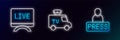 Set line Journalist news, Live report and TV News car icon. Glowing neon. Vector