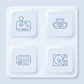 Set line Joystick, Home stereo with two speakers, Pager and Vinyl player. White square button. Vector Royalty Free Stock Photo