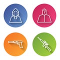 Set line Judge, Anonymous with question mark, Pistol or gun with silencer and Sniper rifle with scope. Color circle