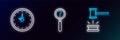 Set line Judge gavel, Clock and Magnifying glass with search icon. Glowing neon. Vector