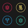 Set line Judge gavel, Health insurance, Fire burning house and Graduation cap with shield icon. Vector