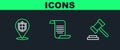 Set line Judge gavel, Location shield and Document with icon. Vector