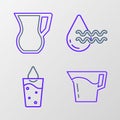 Set line Jug glass with water, Glass, Recycle clean aqua and icon. Vector