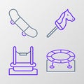 Set line Jumping trampoline, Bungee, Toy horse and Skateboard trick icon. Vector