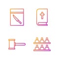 Set line Jurors, Judge gavel, Evidence bag and knife and Holy bible book. Gradient color icons. Vector