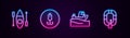 Set line Kayak or canoe, Fishing hook, boat on water and Inflatable. Glowing neon icon. Vector