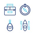 Set line Kayak or canoe, Fishing spoon, Compass and Case container for wobbler icon. Vector