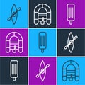 Set line Kayak or canoe and paddle, Ice cream and Rafting boat icon. Vector Royalty Free Stock Photo