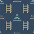 Set line Kayak or canoe and paddle, Railway, railroad track and Indian teepee or wigwam on seamless pattern. Vector