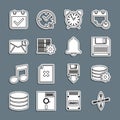 Set line Kayak and paddle, Setting database server, Floppy disk, Alarm clock, Server setting, New, email incoming Royalty Free Stock Photo
