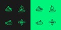 Set line Kayak and paddle, Submarine, Speedboat and Yacht sailboat icon. Vector