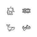 Set line Kayak and paddle, Whale, Tsunami and Nautical rope knots icon. Vector Royalty Free Stock Photo