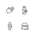 Set line Kcal, Smart watch with heart, Finger blood and Lactose intolerance icon. Vector