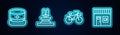 Set line Kepi, Fountain, Bicycle and Coffee shop. Glowing neon icon. Vector Royalty Free Stock Photo