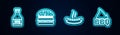 Set line Ketchup bottle, Burger, Hotdog sandwich and Barbecue fire flame. Glowing neon icon. Vector Royalty Free Stock Photo