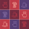 Set line Kettle with handle, Coffee cup and maker moca pot icon. Vector Royalty Free Stock Photo