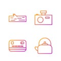 Set line Kettle with handle, Credit card, Wooden log and Photo camera. Gradient color icons. Vector
