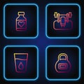 Set line Kettlebell, Glass with water, Vitamin pill and Bench barbel. Gradient color icons. Vector