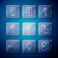 Set line Key, broke inside of padlock, Casting keys, Old, Unlocked, Wrong, Create account screen and Open icon. Vector