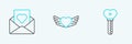 Set line Key in heart shape, Envelope with and Heart wings icon. Vector Royalty Free Stock Photo