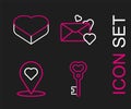 Set line Key in heart shape, Map pointer with, Envelope and Candy shaped box icon. Vector Royalty Free Stock Photo