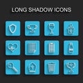 Set line Key, Pope hat, Shield, Trash can, Trophy cup, Document, Glass bottle milk and cap and Mobile Apps icon. Vector