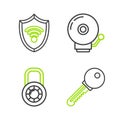 Set line Key, Safe combination lock wheel, Ringing alarm bell and Shield with WiFi wireless internet network icon Royalty Free Stock Photo