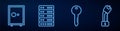 Set line Key, Safe, Server, Data, Web Hosting and Police electric shocker. Glowing neon icon on brick wall. Vector